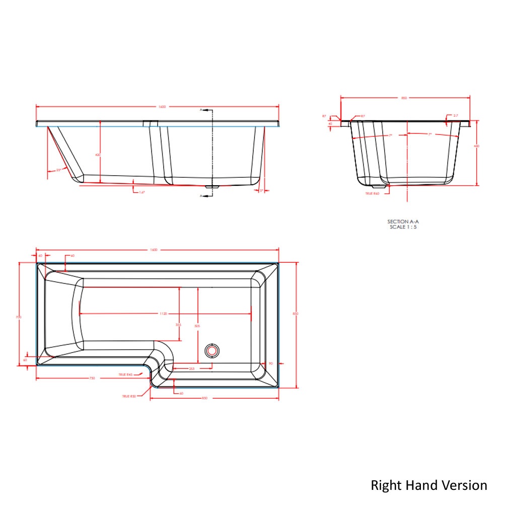 Eastbrook Beaufort Portland 1600 x 850mm L Shape Shower Bath ...